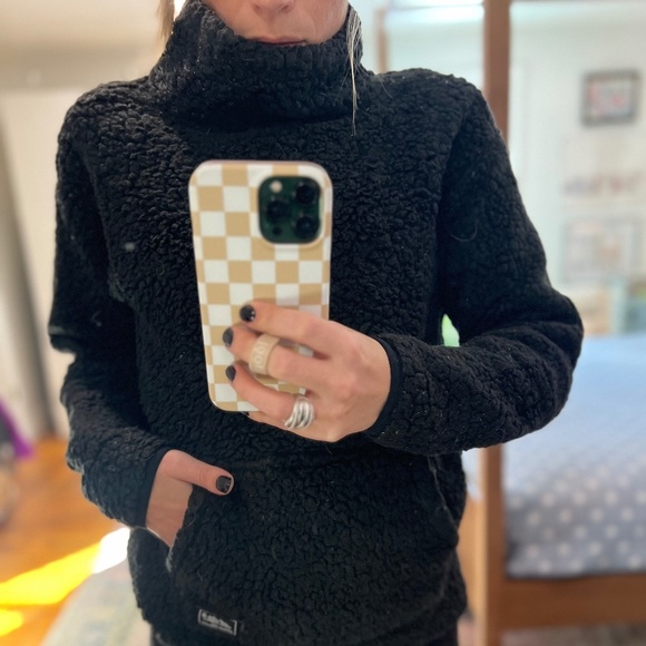 Eddie Bauer Black Fuzzy Teddy Turtleneck Pullover with Front Pouch Pocket - Picture 1 of 6